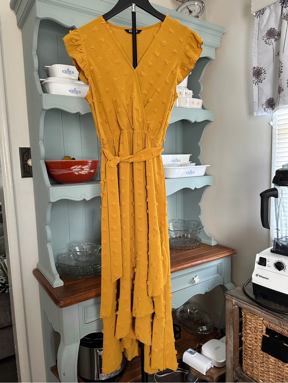 Mustard Yellow High-Low Wrap Dress with Self-Tie Waist